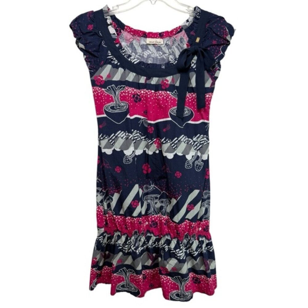 DKNY Mushroom Print Babydoll Dress Size Small Cotton Navy Pink Y2K